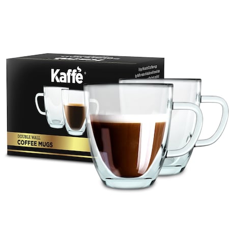 Kaffe 16oz Glass Coffee Mugs. Large Double-Wall Borosilicate Glass Coffee Cups, Set of 2 (Two) KF4042